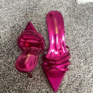 Fashion Nova Pink Satin Heels with Ruched Detail